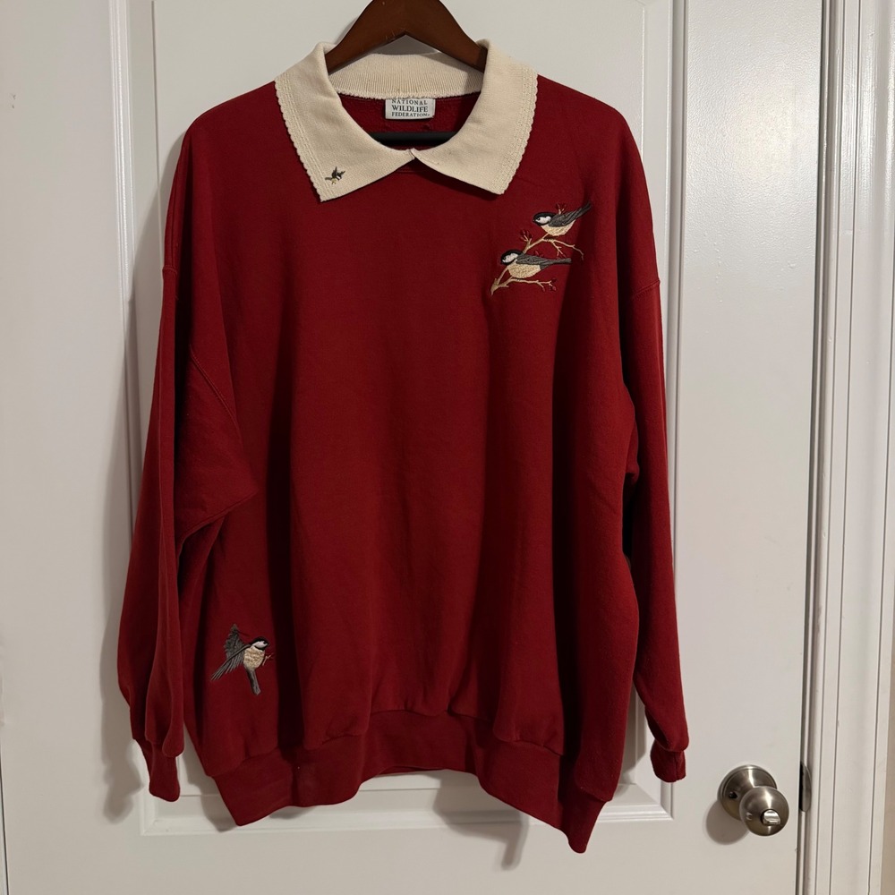 National Wildlife Federation Red Chickadee Bird Embroidered Collared Sweatshirt
